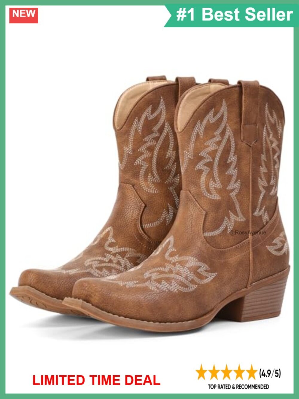 Faux Leather Western Ankle Cowboy Boots Snip Toe Block Heel